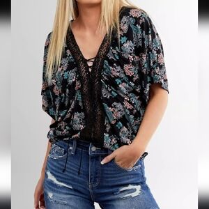 Daytrip Floral Paisley Lace-Up Black Multi Top